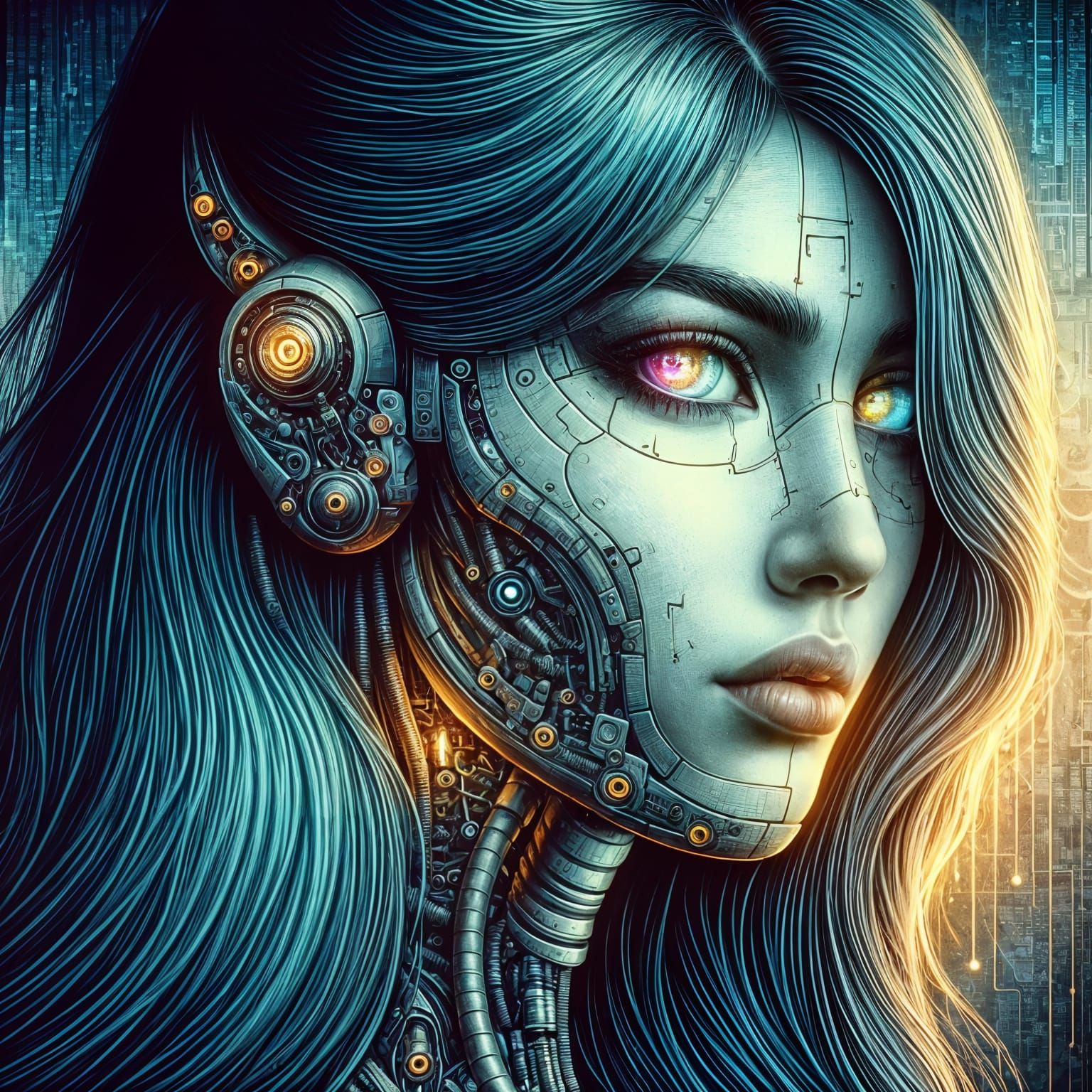 Cyborg Woman: Surreal Cyberpunk Portrait