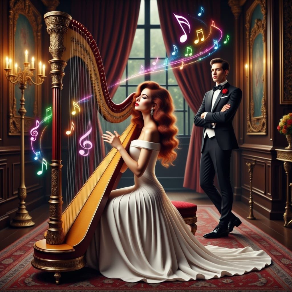 “ Woman plays an ornately carved Harp “