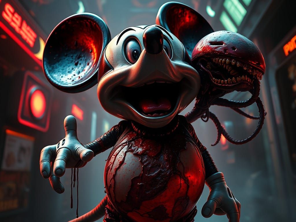 Grotesque Mickey Mouse in Alien-Inspired Horror Art