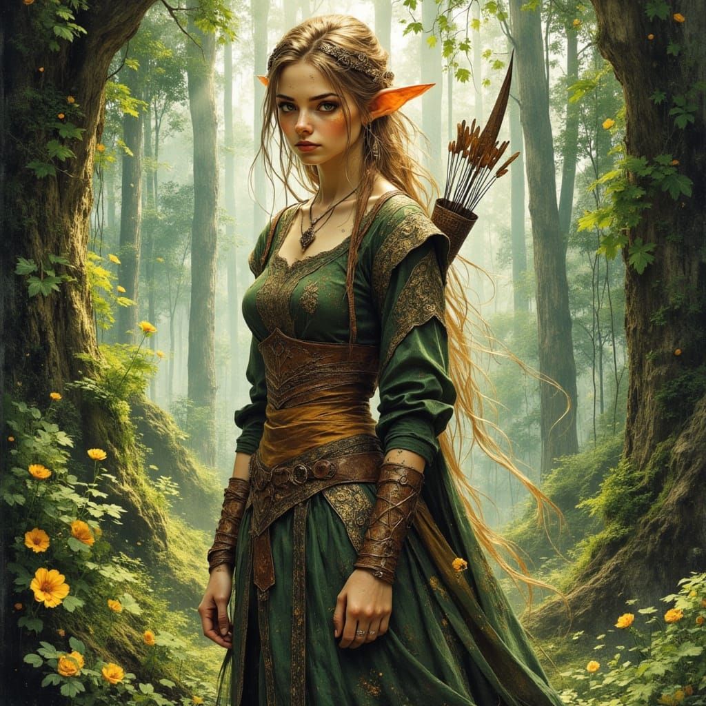 Ethereal Wood Elf Maiden in Lush Forest Realm
