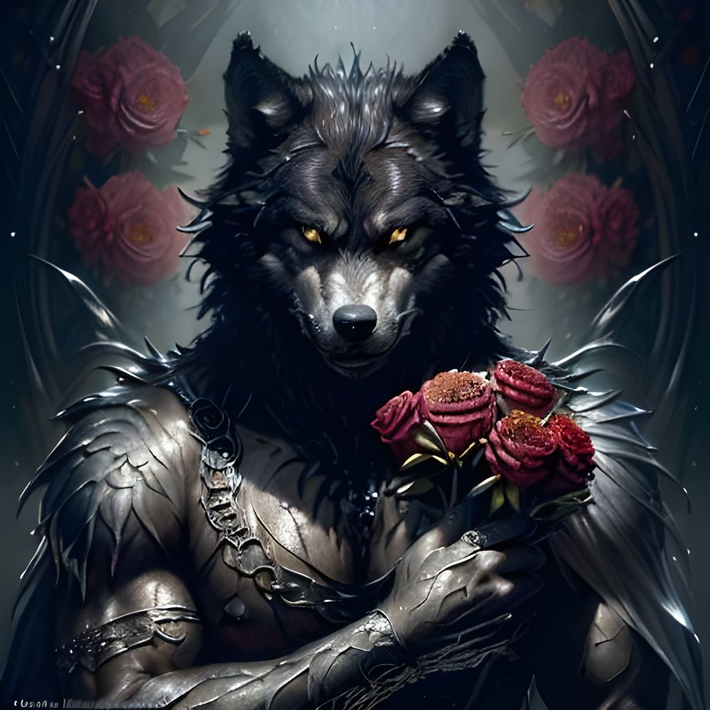 Menacing Werewolf Holds Flowers: Hyperrealistic Dark Fantasy