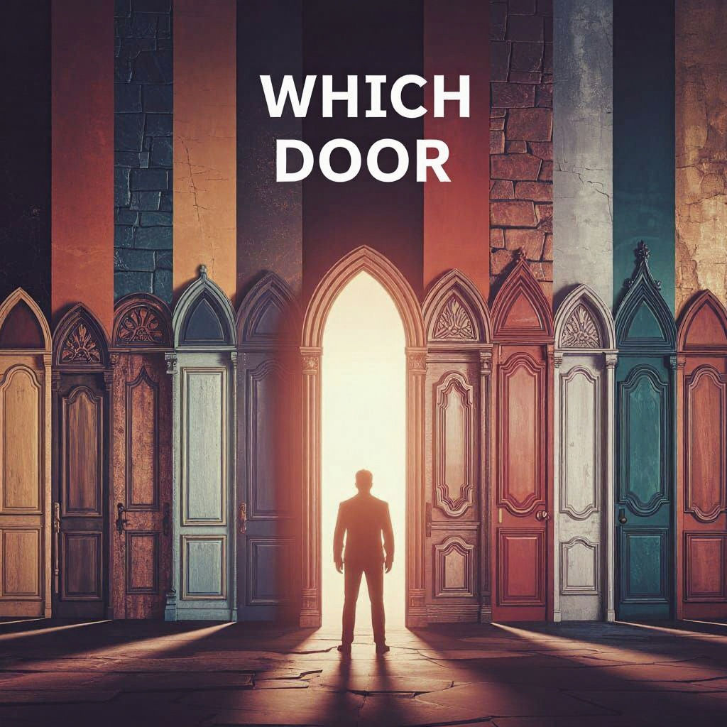 Man Before Ornate Doors: Digital Art in Mucha Style