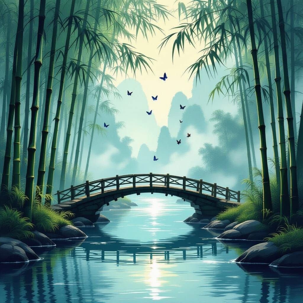 Supernatural Landscape of Bamboo Arches Over Shining River