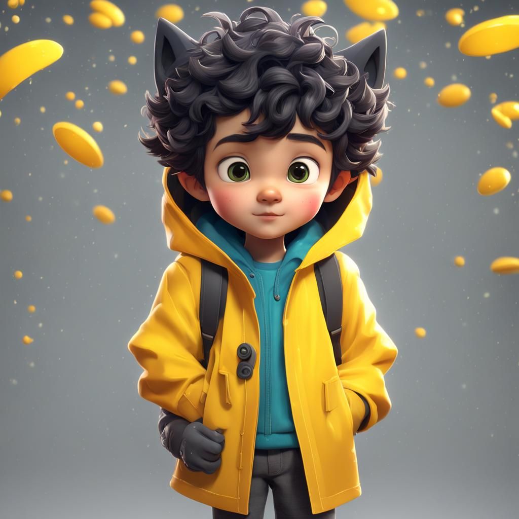 Boy with Wolf Features in Yellow Raincoat: 3D Digital Art