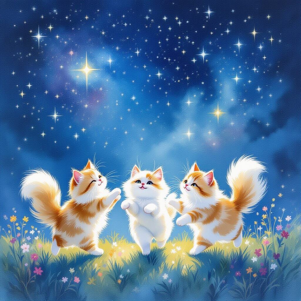 Fluffy Cats Play Under Starry Night Sky in Watercolor Style