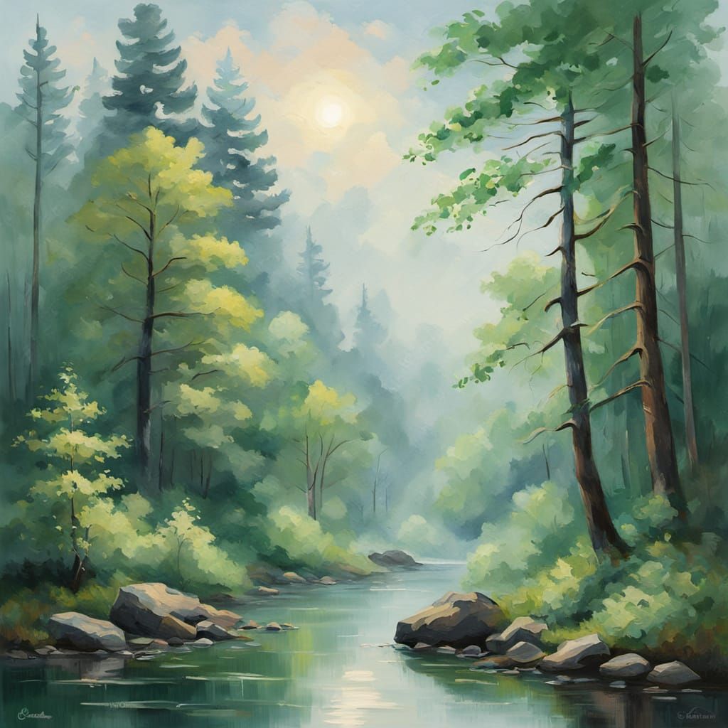 Impressionist Forest Landscape in Gouache Style