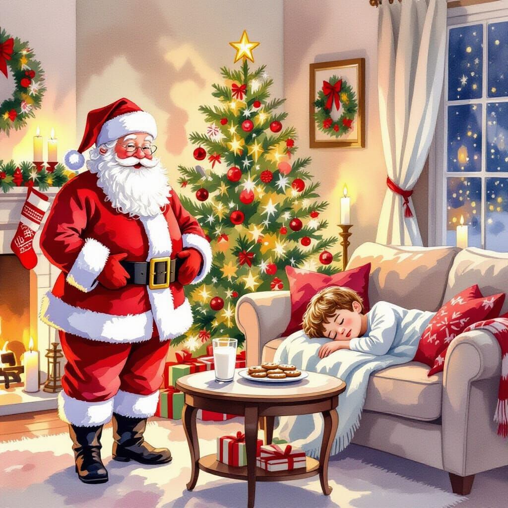 Santa Claus Enjoys Cookies and Milk in Cozy Living Room