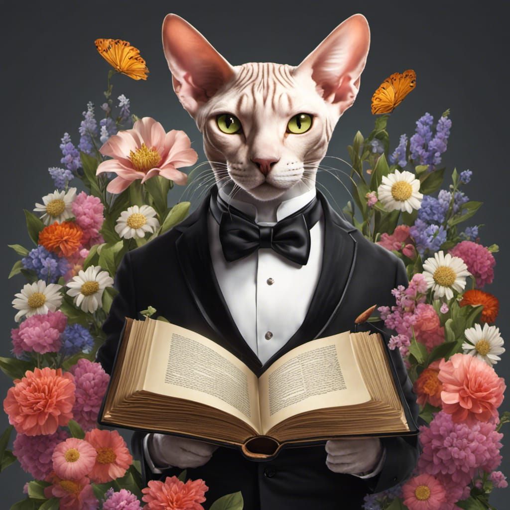 Sphynx Cat in Tuxedo with Summer Flowers