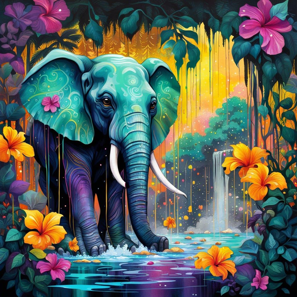 Colorful Jungle Waterfall Graffiti Art