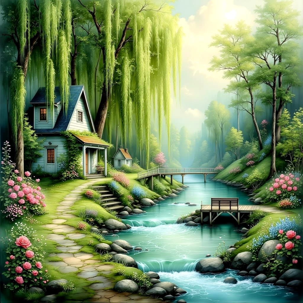 Whimsical Cottage Scene by a Serene River