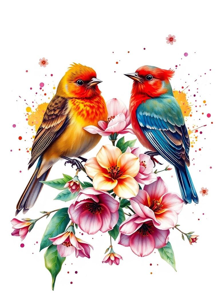 Spring Birds and Flowers in Alcohol Ink Art