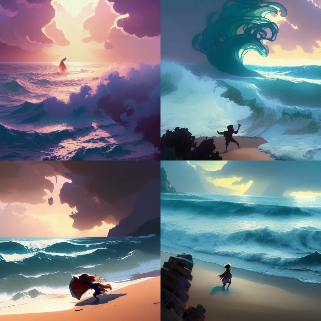 Waves Crashing Over Tiny Person: Hyperdetailed Concept Art