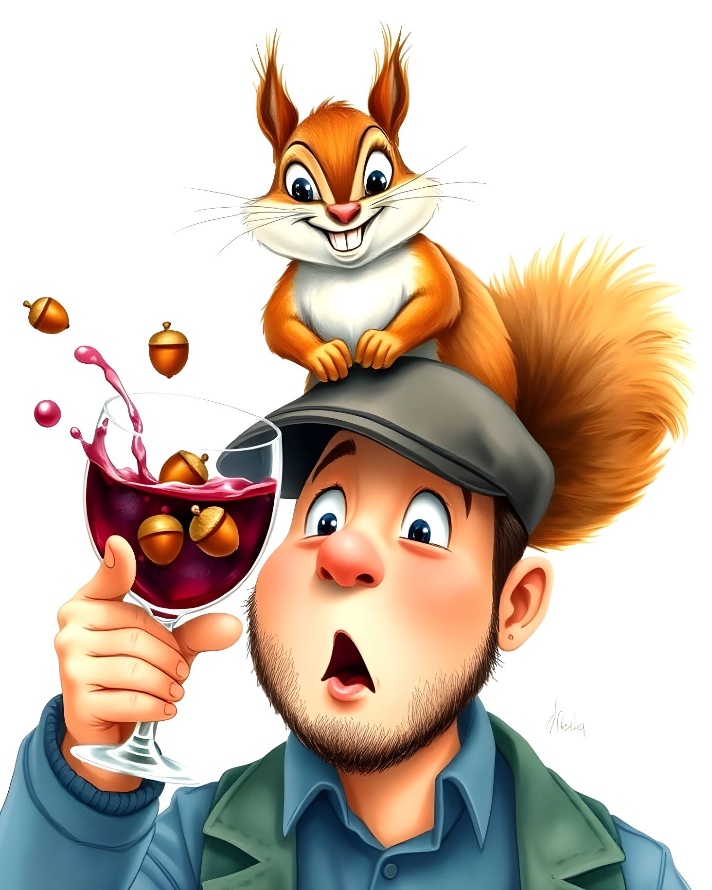 Squirrel's Mischief: Acorns in Wine, Watercolor Style