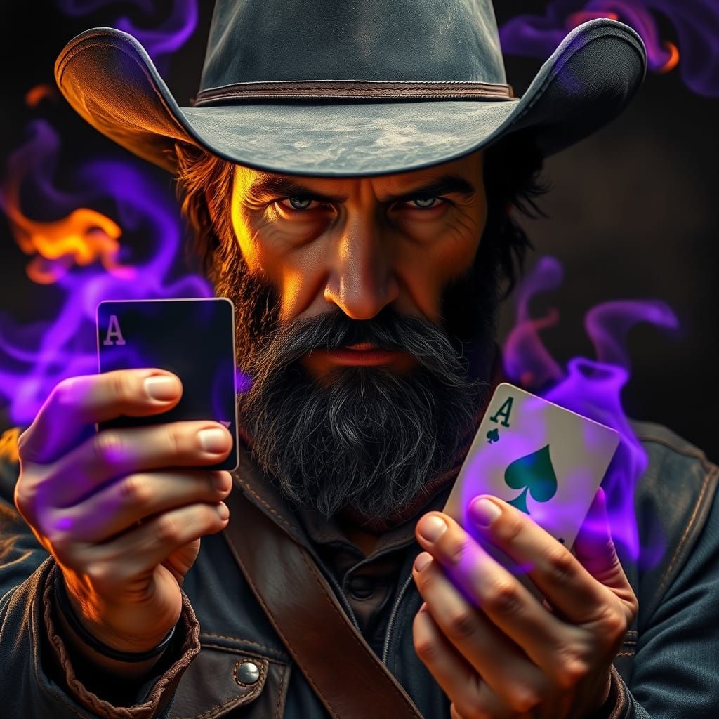 Rugged Cowboy in Intense Poker Stance