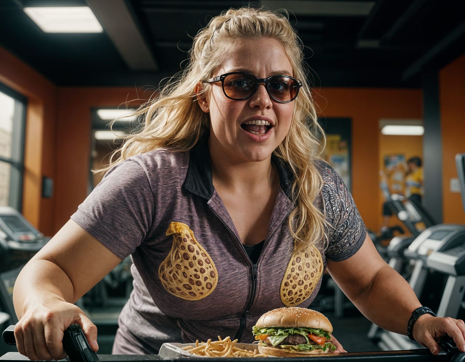 Overweight Woman Cries with Hamburger in Gym