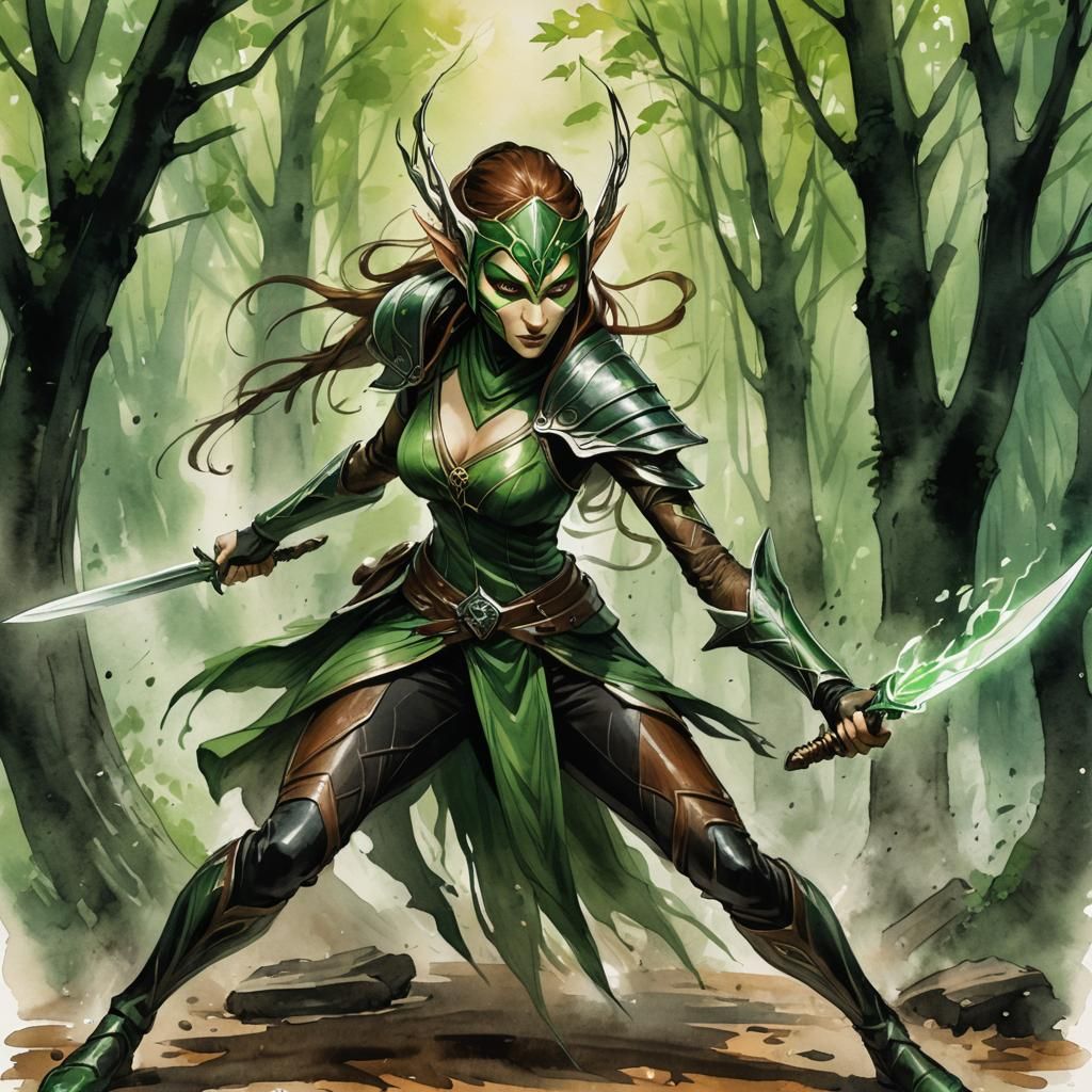 Masked Wood Elf Blade Master in Watercolor Style