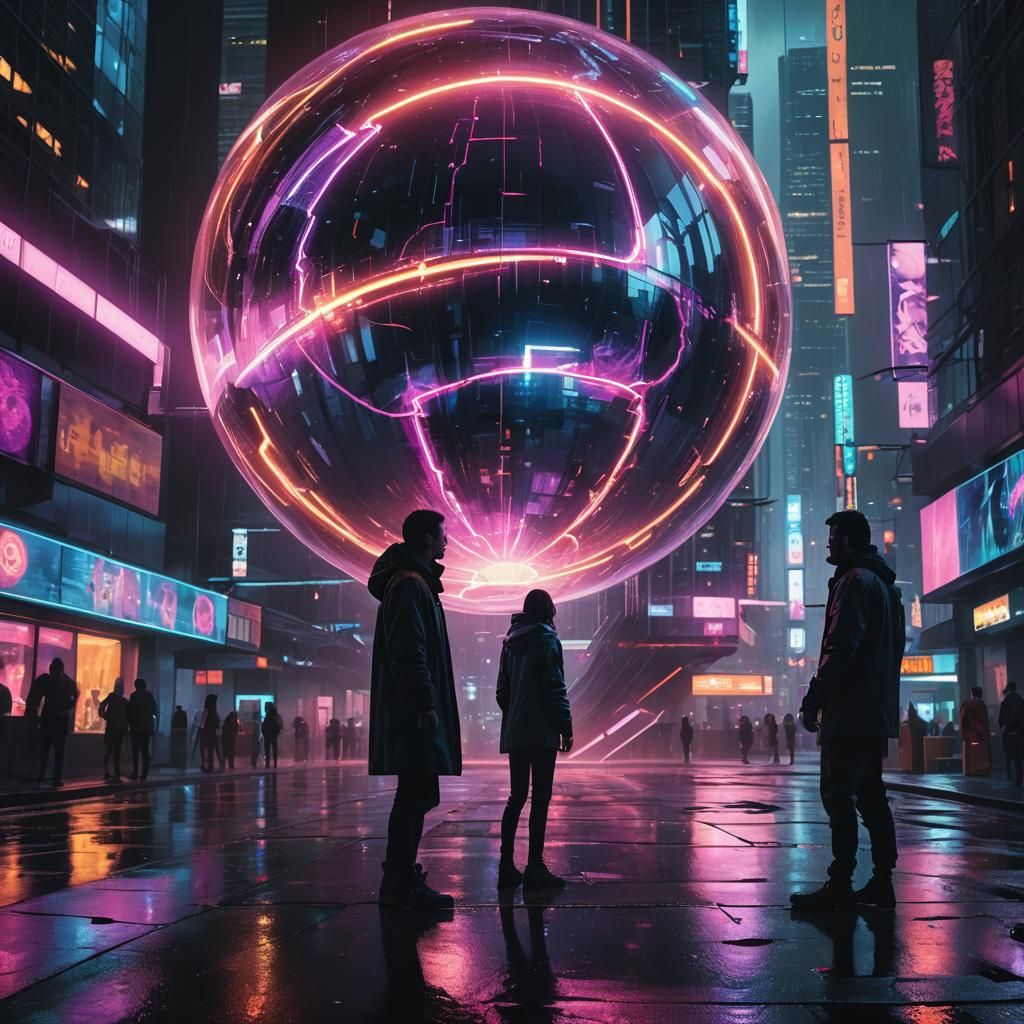 Futuristic Orb Interaction in Neon Cityscape