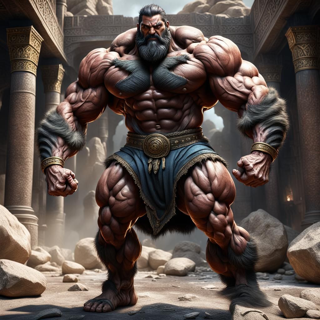 Massive Persian Bodybuilder Lifting Stone: Digital Art