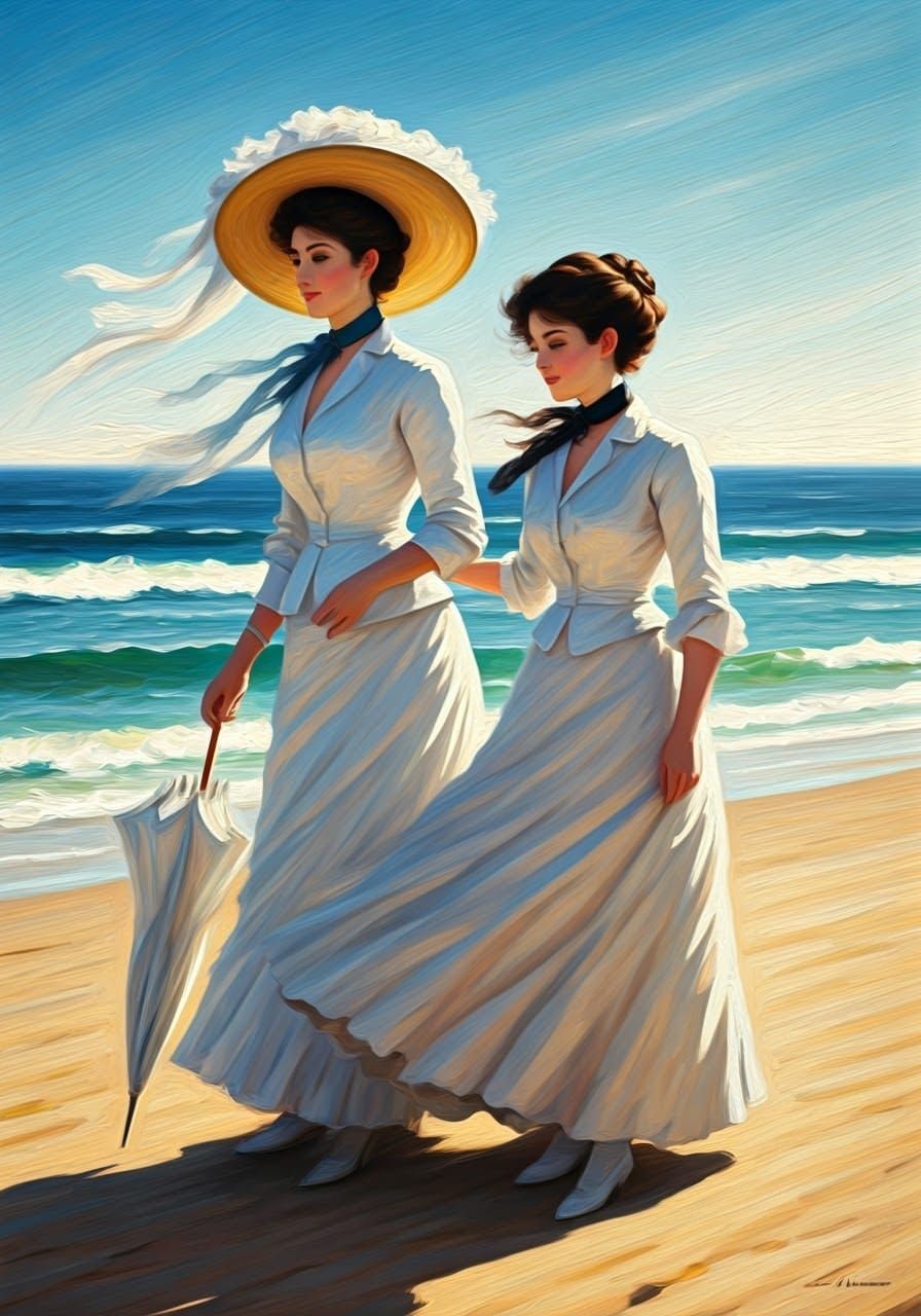 Impressionist Oil Painting of Two Women Strolling on a Seasi...