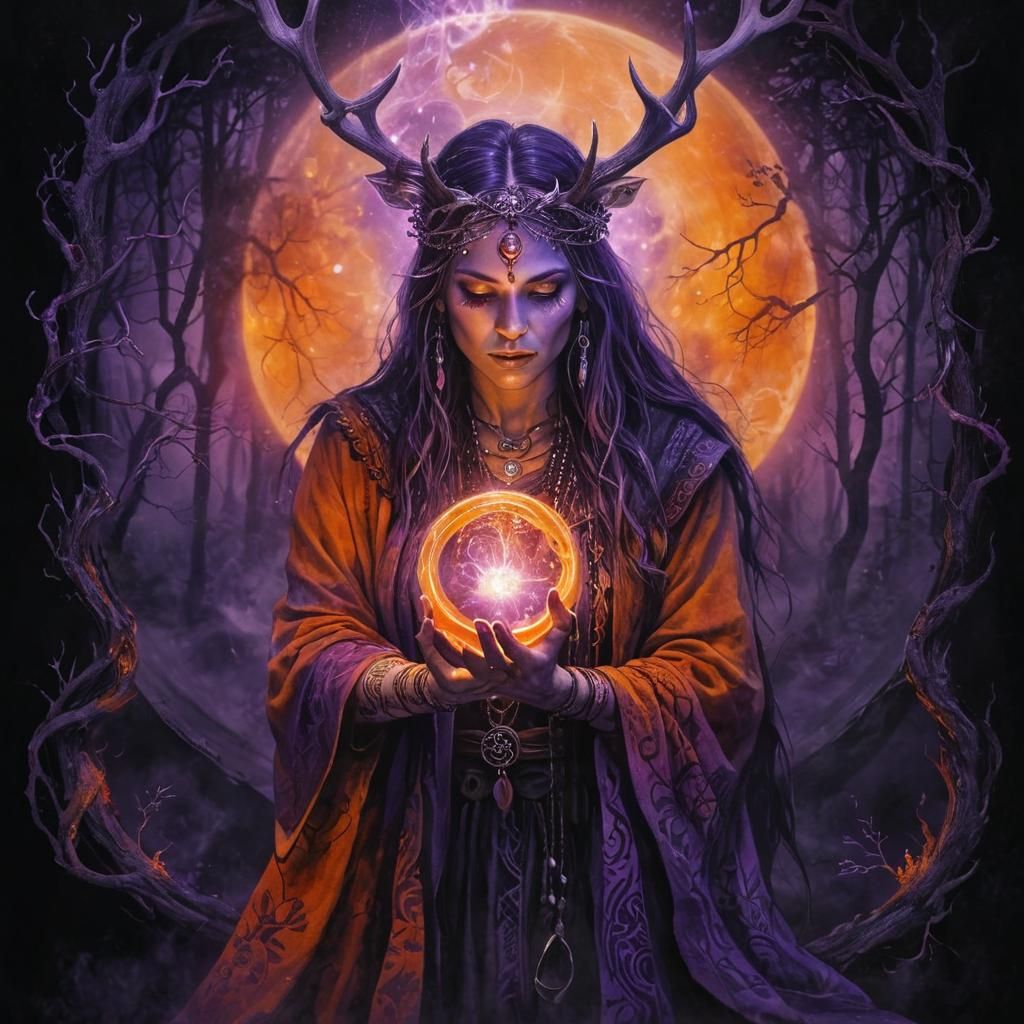 Fantasy Shaman Summons Magic in Eerie Forest