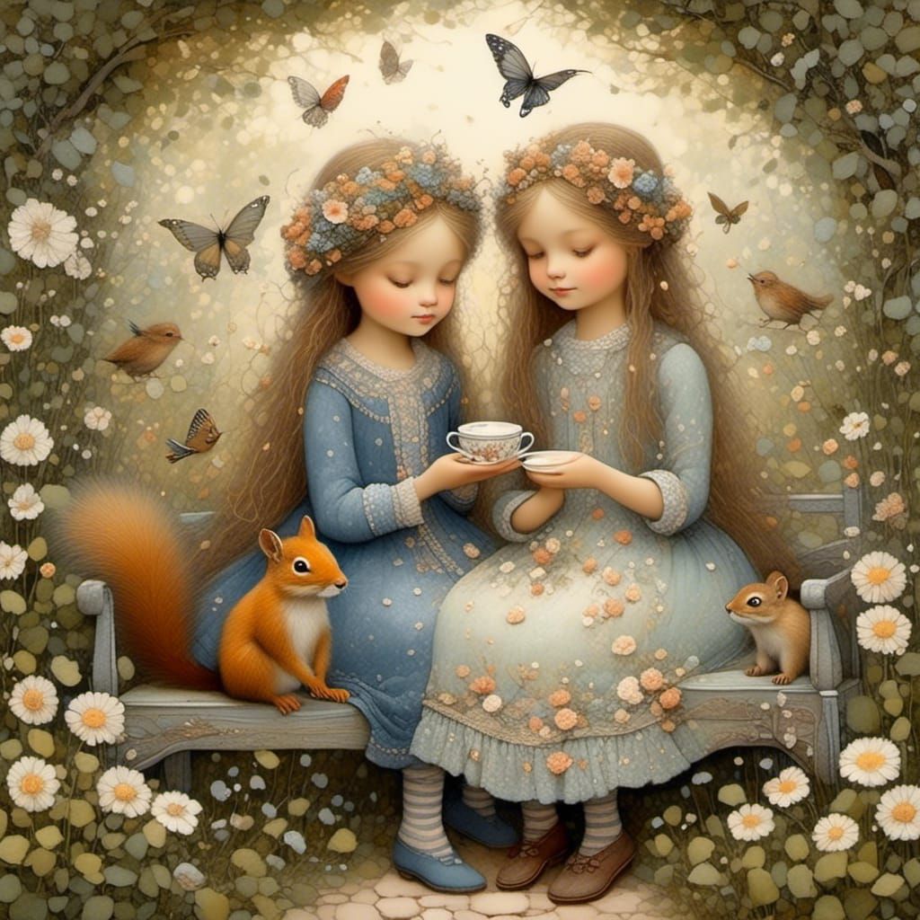 Girls' Tea Party in Enchanted Garden, Whimsical Art