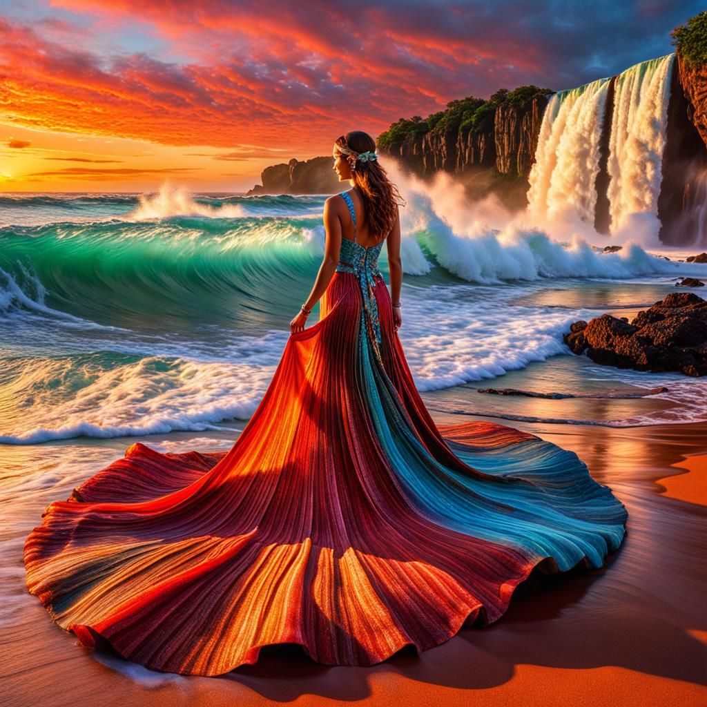 Sunset Seafoam Waterfall Panorama in Ultra-Hyperrealism