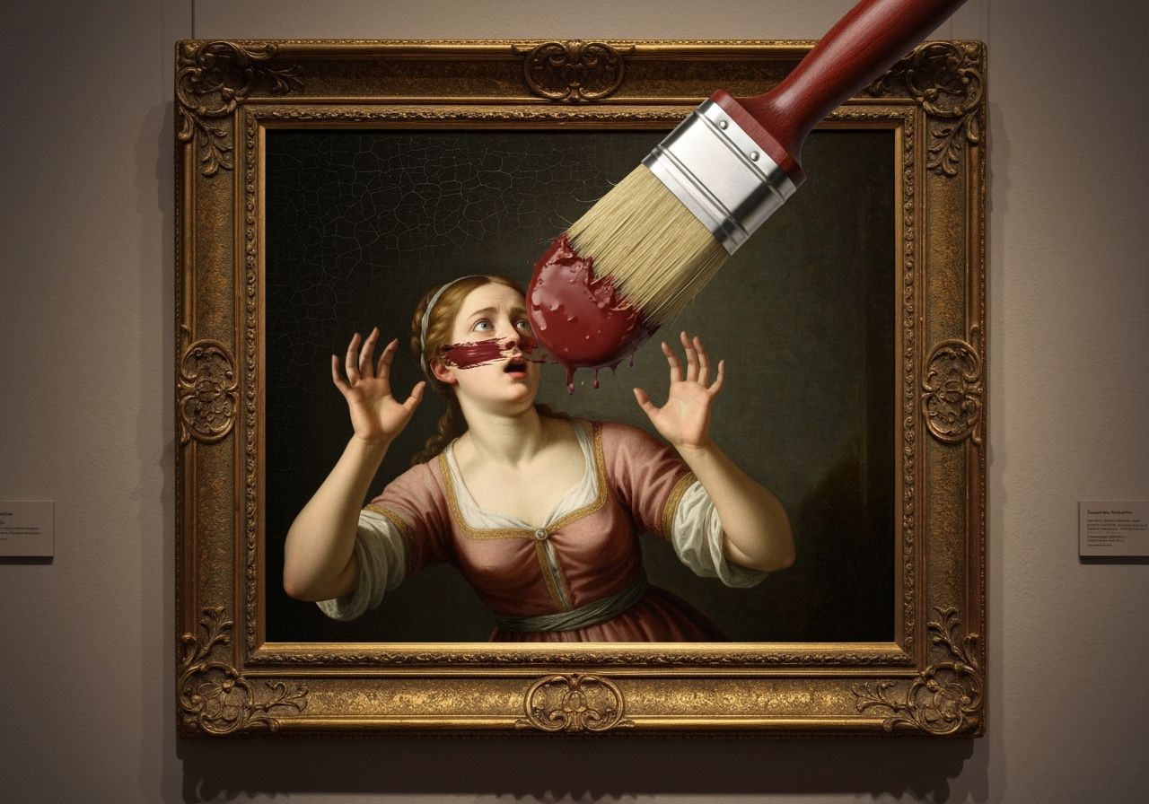 Renaissance Woman Confronts Giant Brushstroke in Oil Paintin...