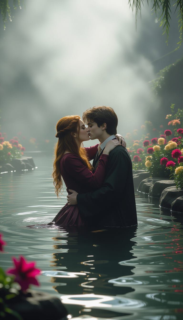 Harry Potter and Ginny Weasley Kiss in Dark Fantasy Garden