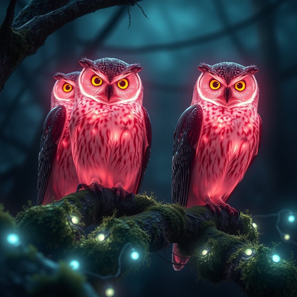 Bioluminescent Owls on Mossy Branches: A Neon Dream