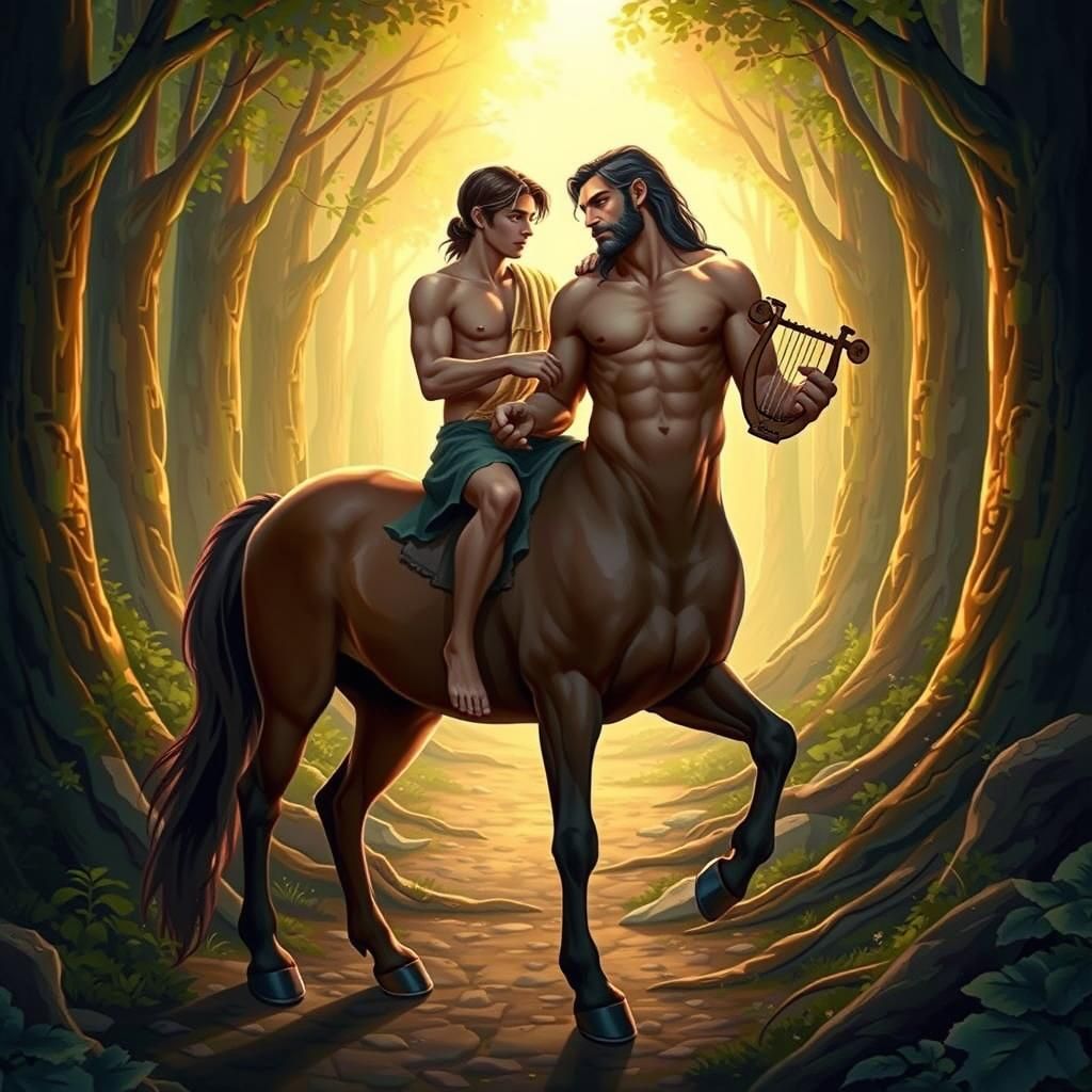 Chiron, the wise centaur, teaches Achilles to play the lyre