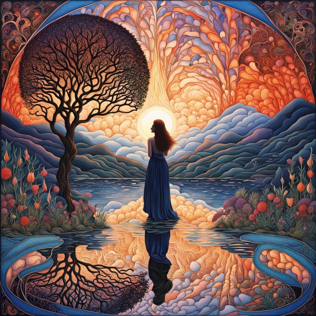 Dreamlike Woman Amidst Lush Patterns and Broken Heart