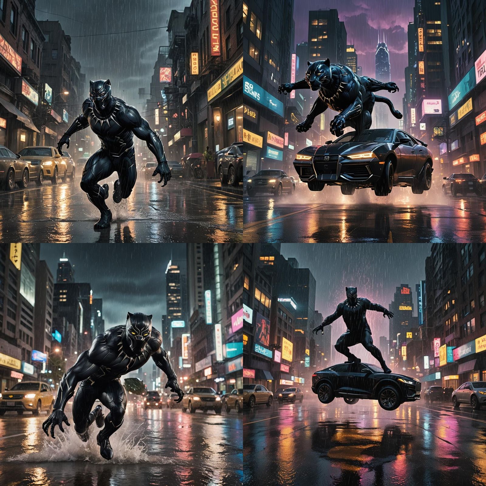 Black Panther Leaping from Car in Rainy City