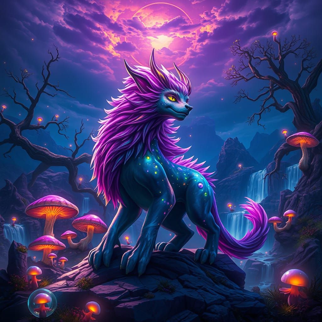 Heroic Iridescent Fantasy Creature in Mystical Landscape