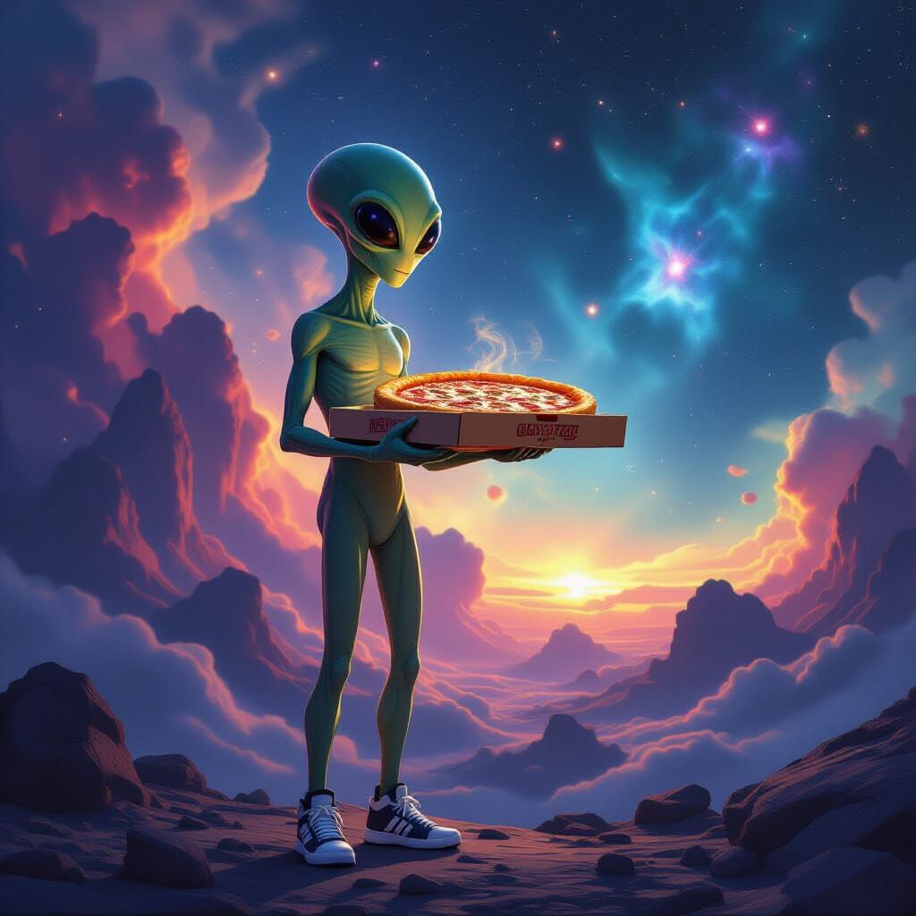 Alien Pizza Delivery in Cosmic Nebula