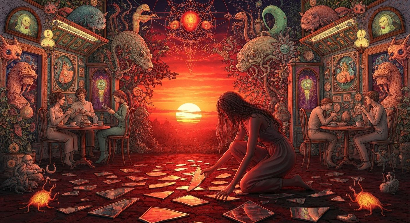 Sunset Sculpture with Cracked Mirrors in Bio Art Style