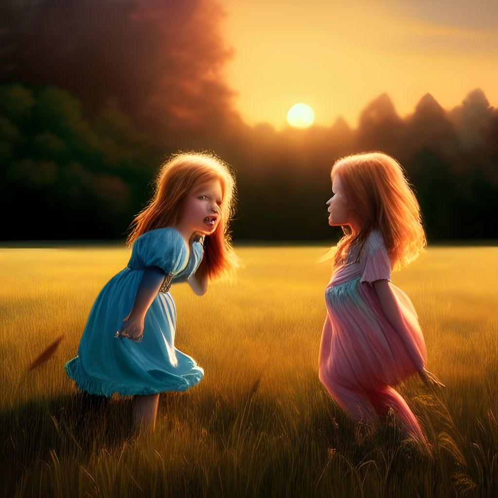 Girls Playing in Meadow at Sunset, Hyperdetailed Matte Paint...