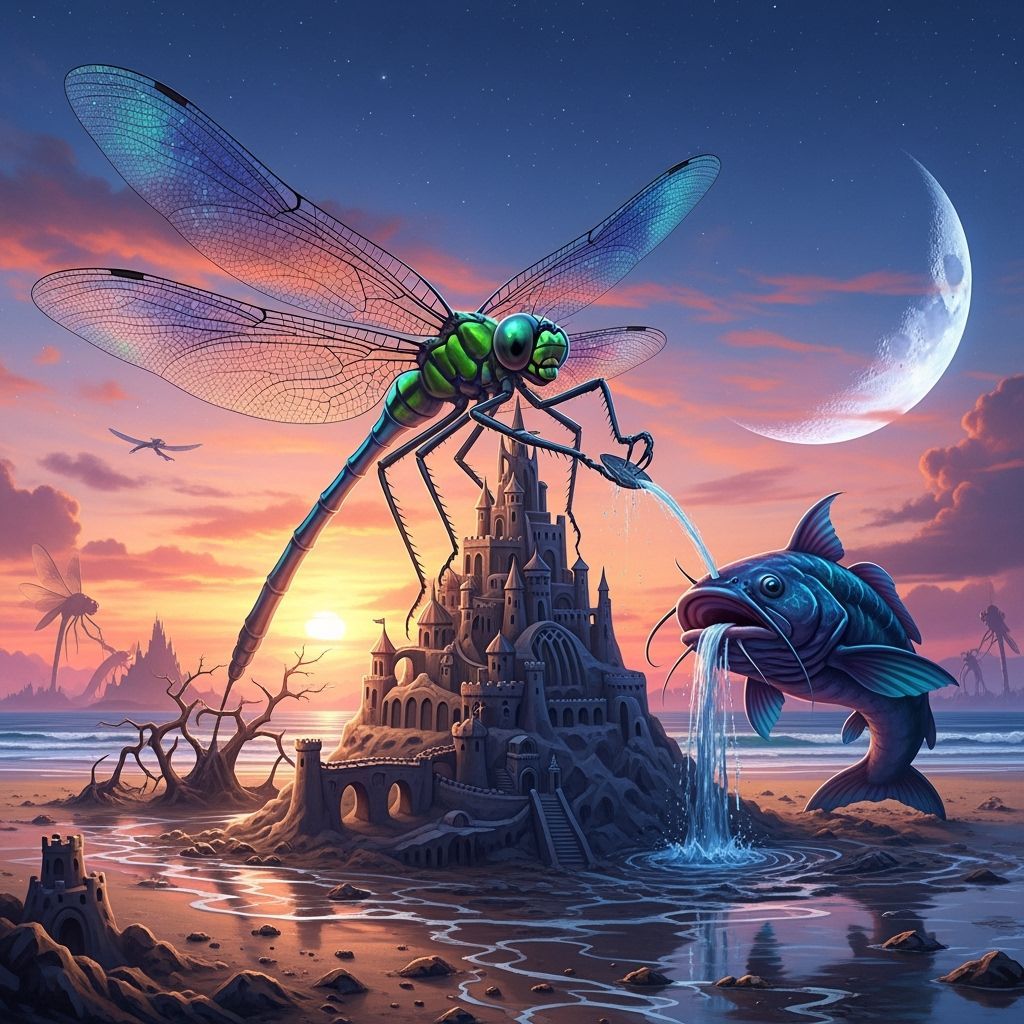 Giant Dragonfly Sculpts Sandcastle with Catfish at Twilight