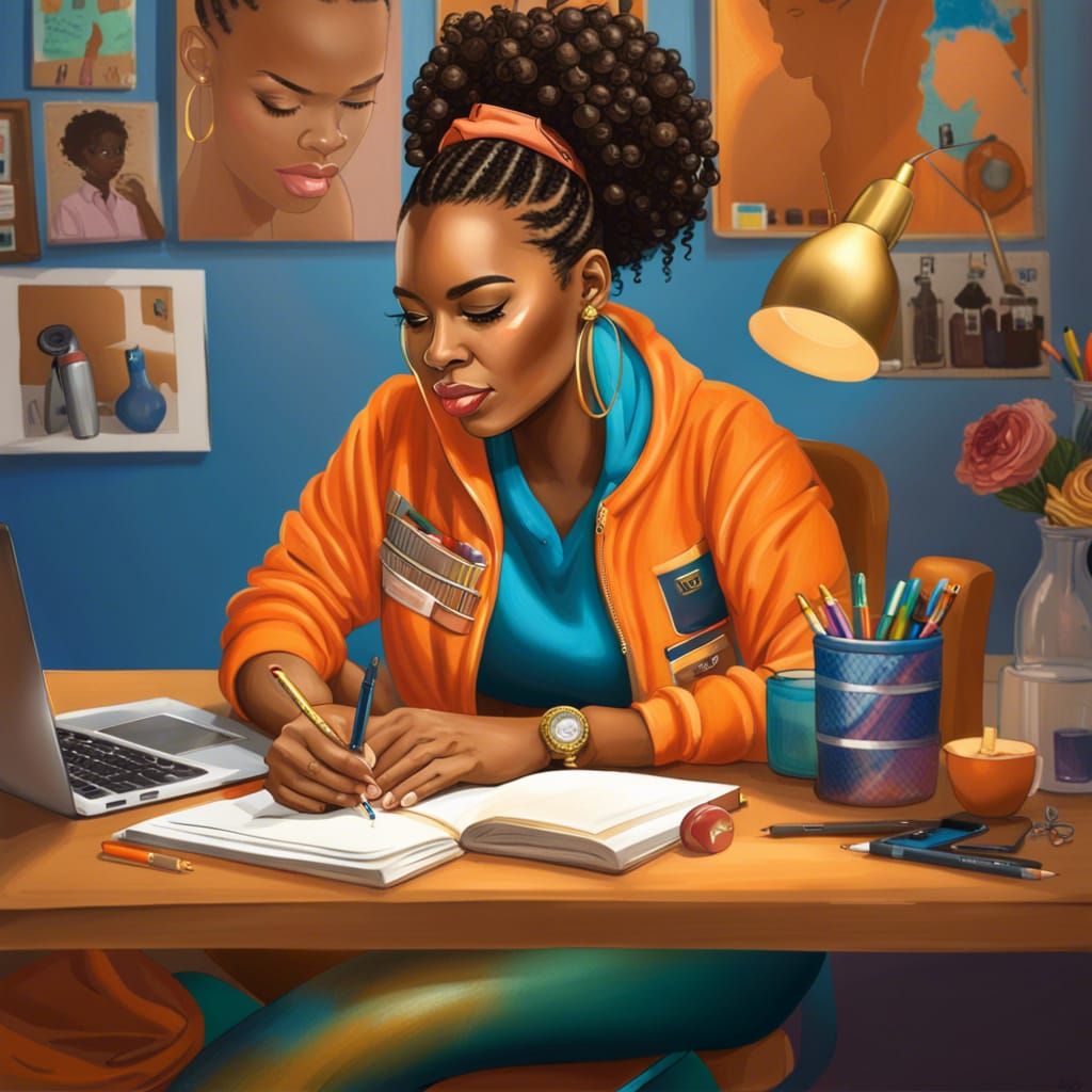Hyperrealistic Illustration of a Woman Writing in Journal