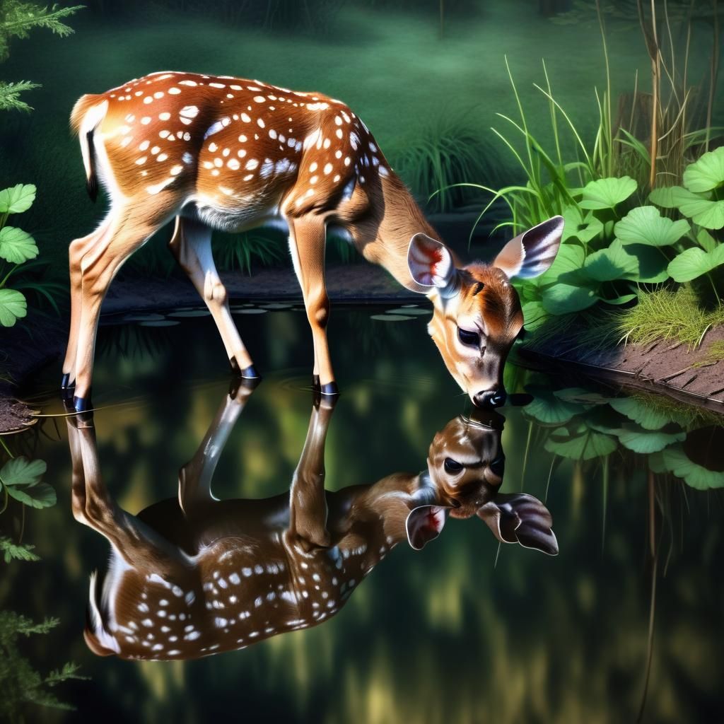 Fawn Drinks From Pond: Digital Matte Painting