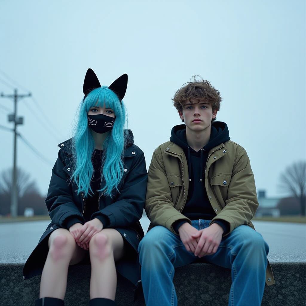 Teenagers on Rooftop in Cinematic Film Still