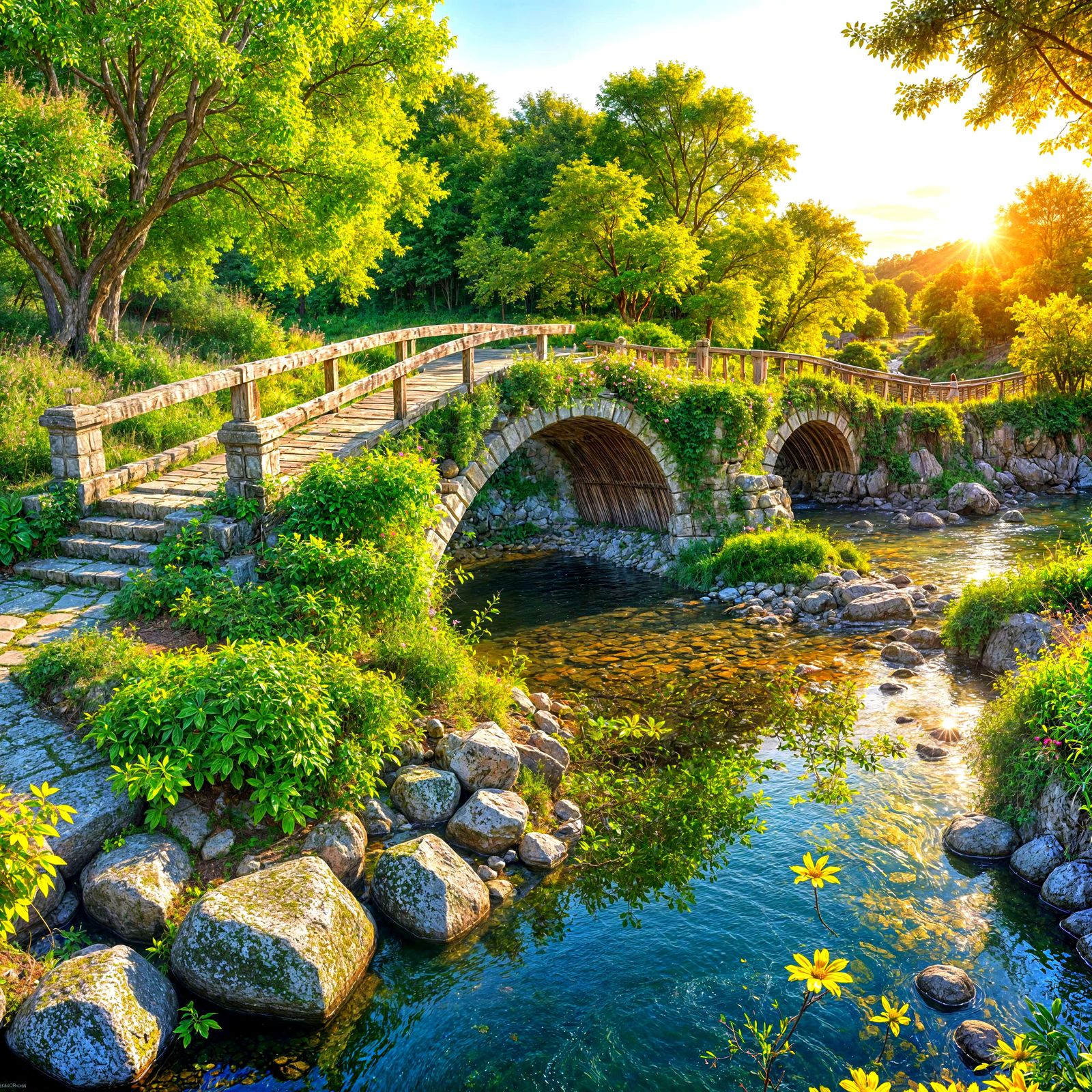 Autumn River Scene with Stone Bridge at Golden Hour