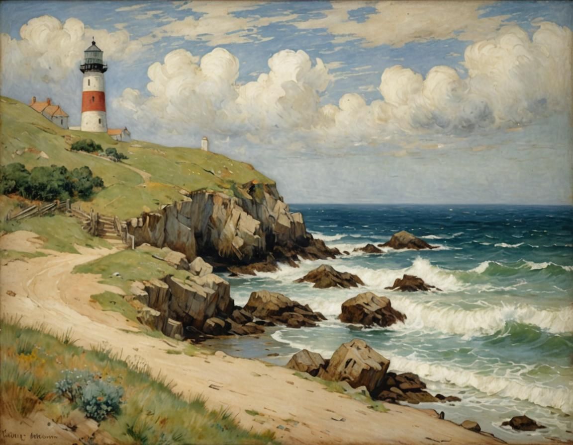 Majestic Rural Coastline Lighthouse in Distressed Impression...