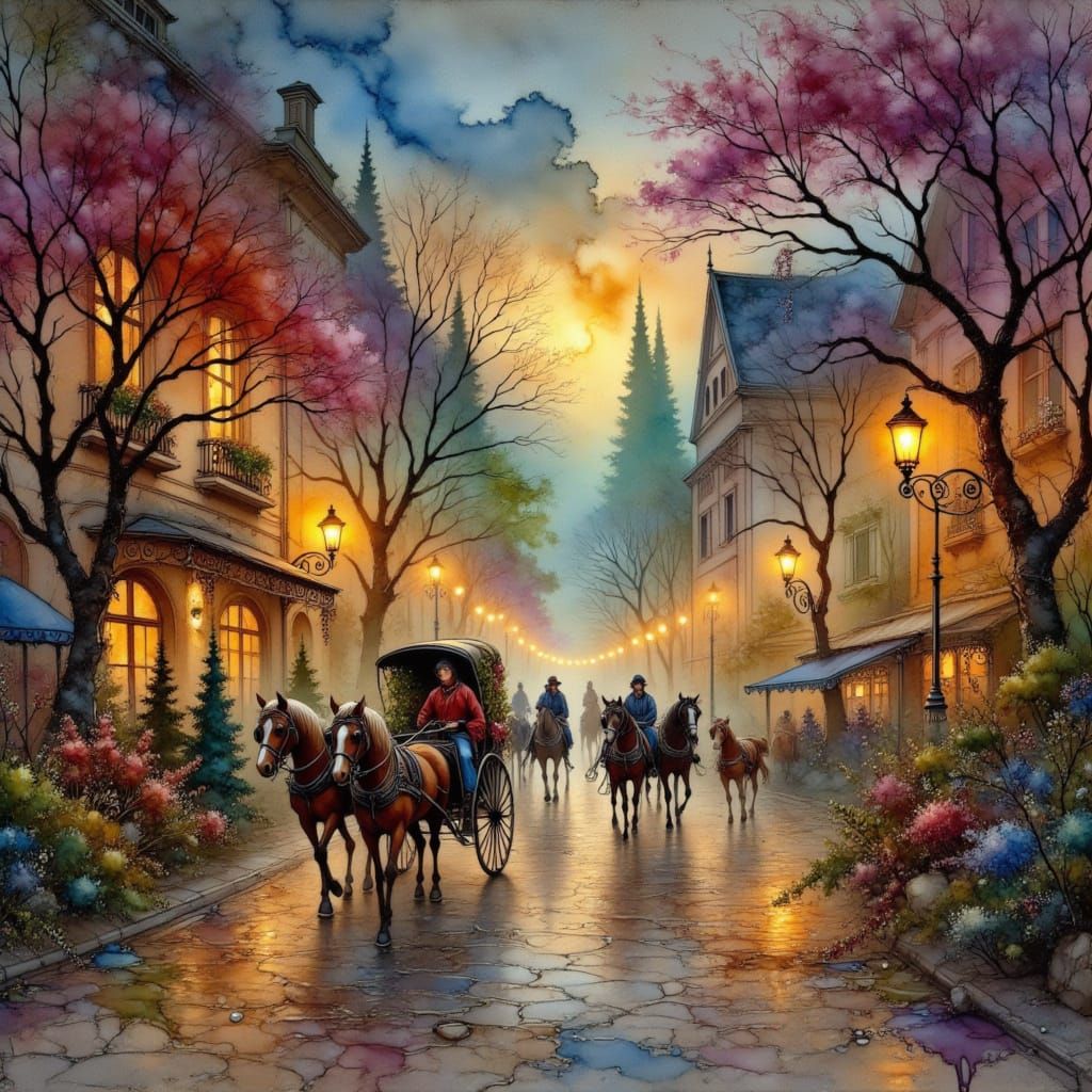 Impressionistic Street Scene at Golden Hour