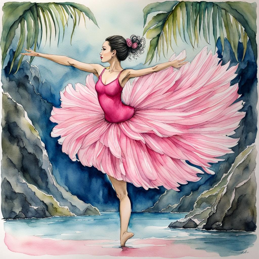 Manatee Pirouette in Tropical Waters, Ink and Watercolor