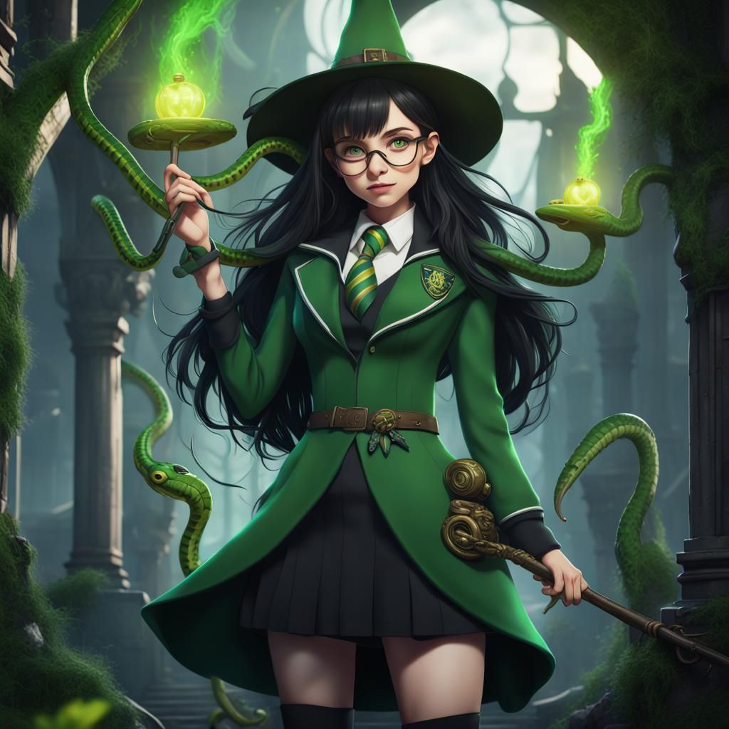 Anime Girl in Slytherin Uniform with Energy Snakes