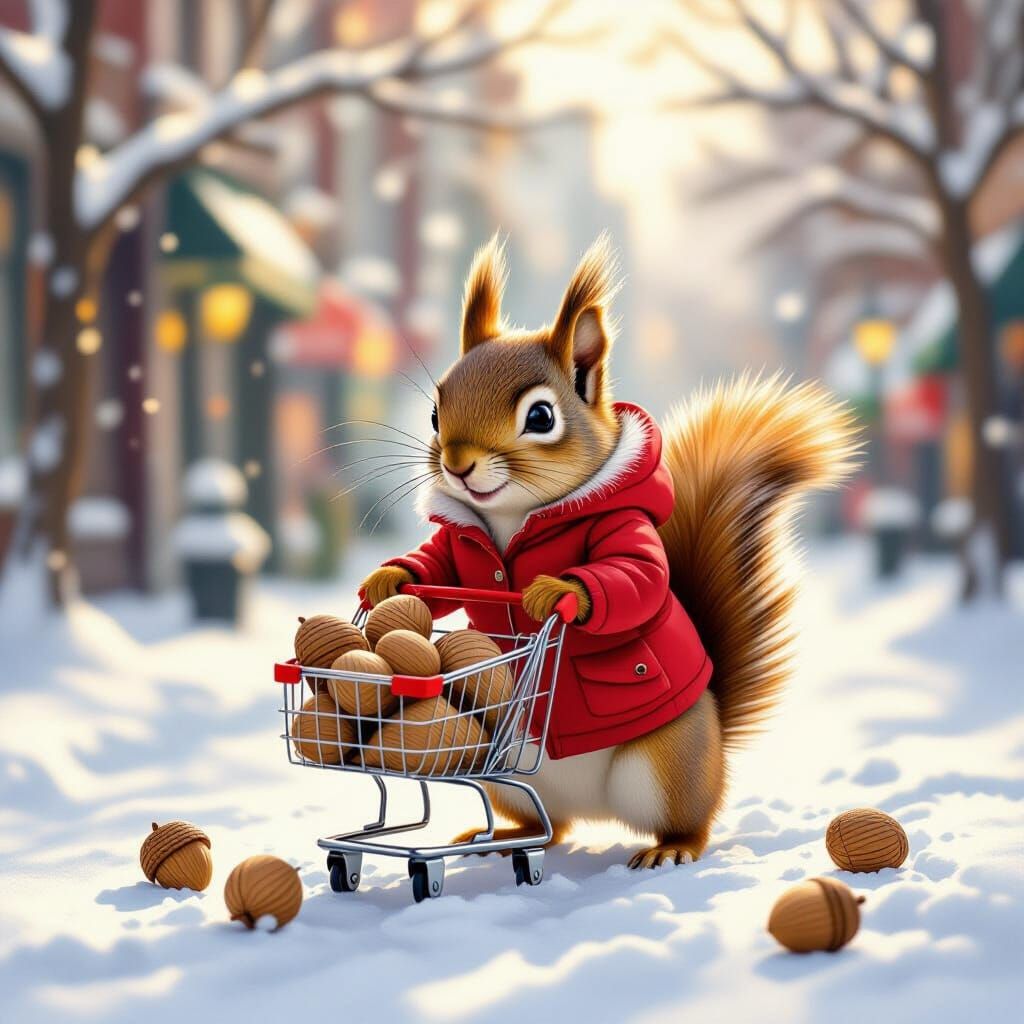 Squirrel in Winter Jacket Pushes Nut Cart on Snowy Street