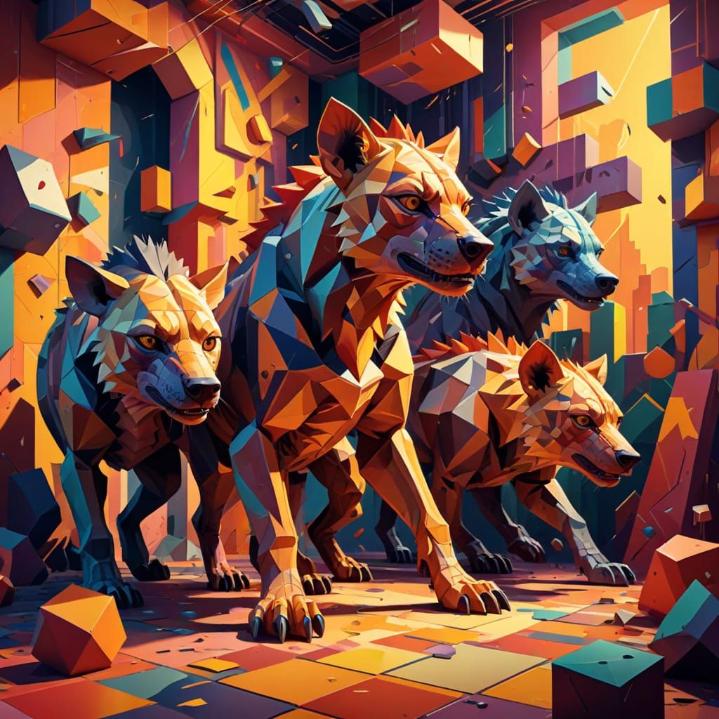 Ferocious Cubist Hyenas in Laboratory Chaos