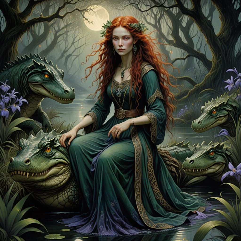 Mystical Swamp Goddess Rides Ancient Alligator