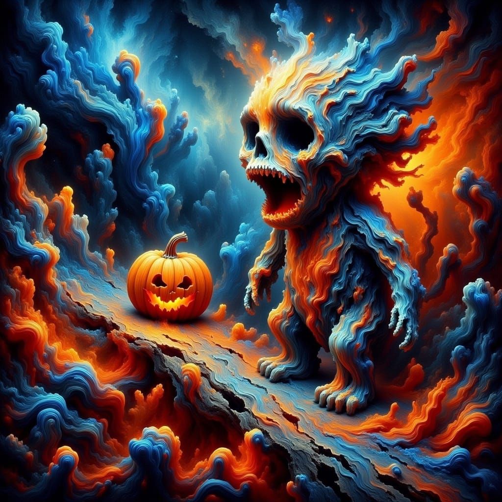 Screaming Scarecrow with Pumpkin in Psychedelic Fractal Styl...