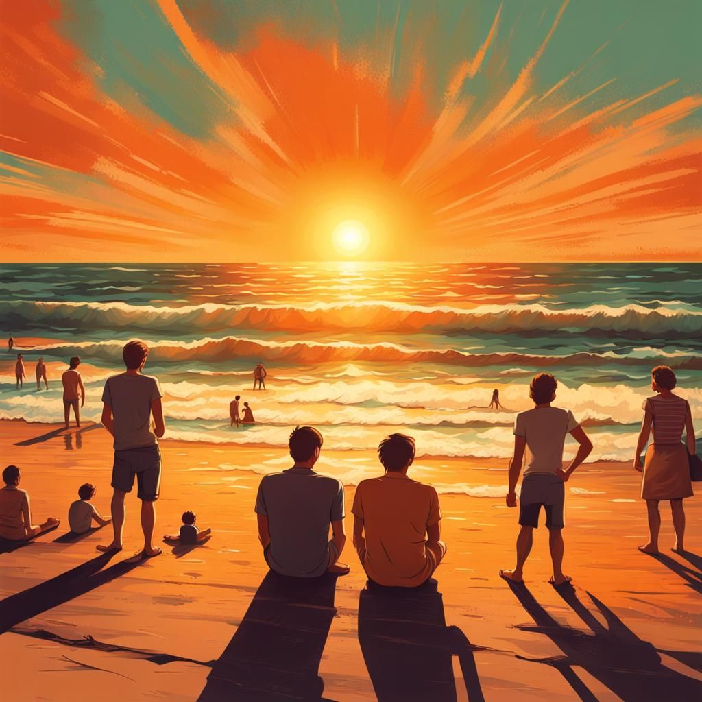 Retro Beach Sunset with Giant Orange Sun